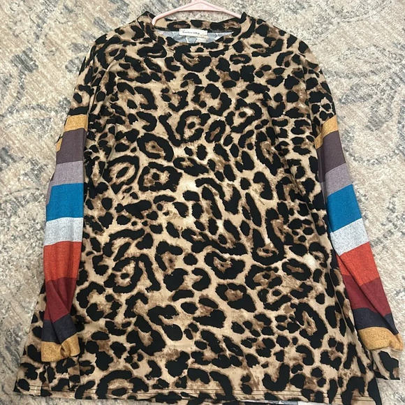 Southern Stitch Tops - Southern Stitch Leopard and Stripe Long Sleeve Shirt